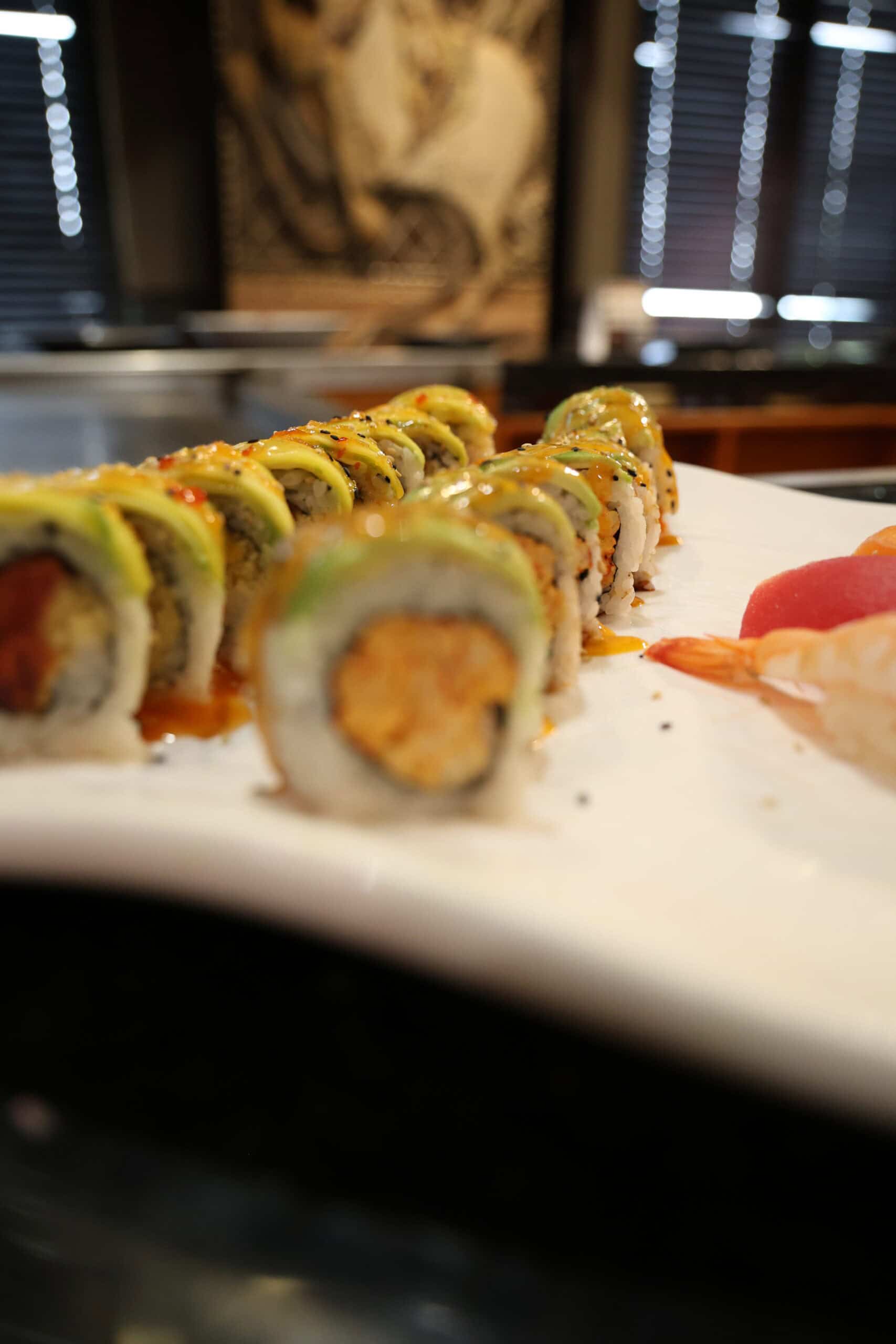 Fresh sushi rolls with tempura filling served at Osaka Japanese Cuisine.